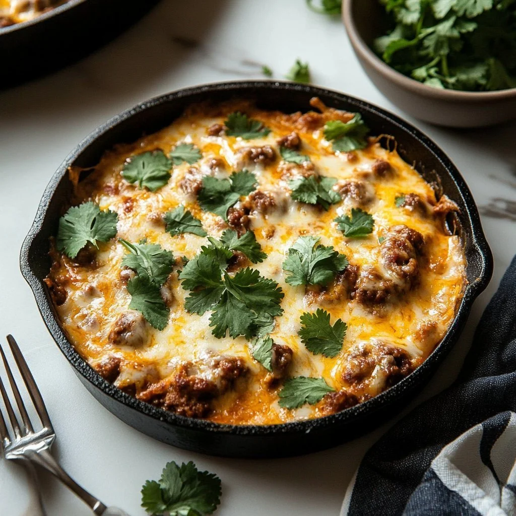 Southern sausage gravy breakfast enchiladas topped with cheese and herbs.