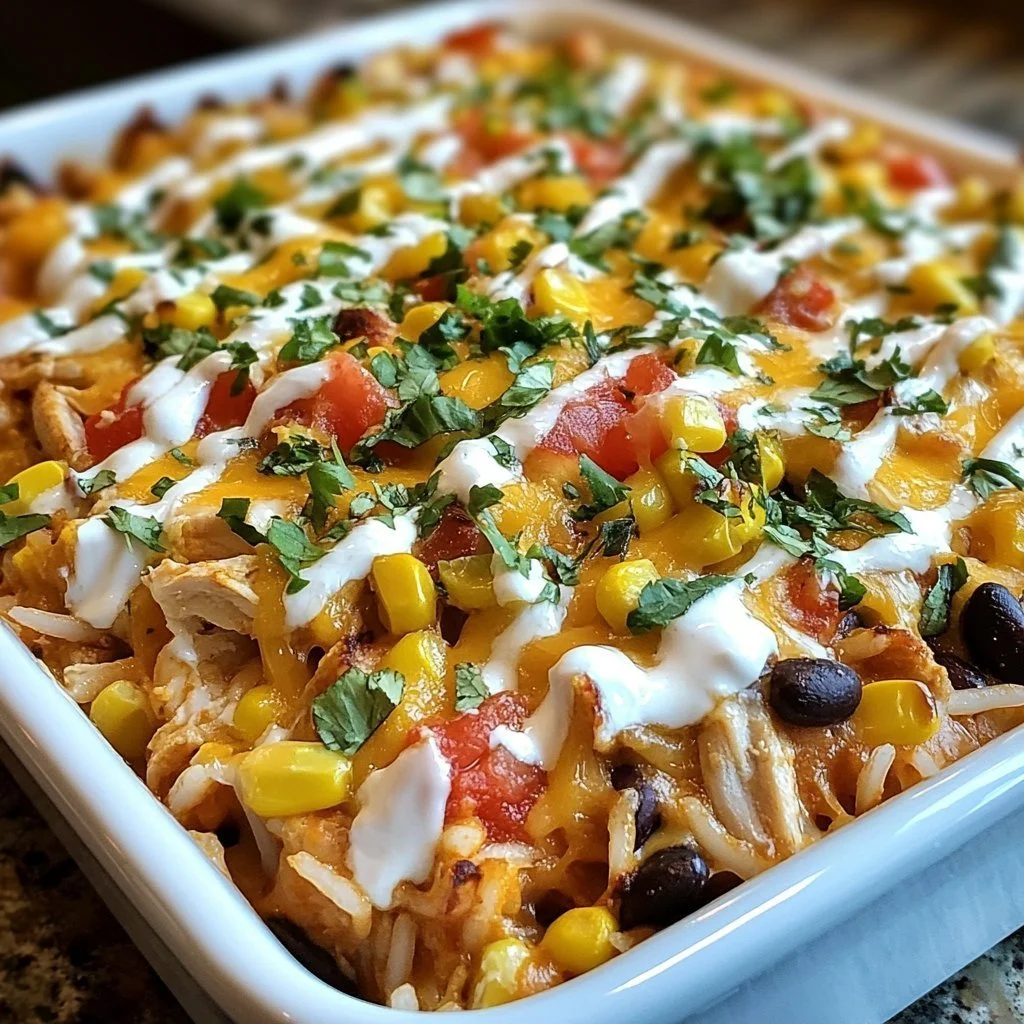 Delicious Southwestern Chicken Rice Bake topped with cheese and spices.