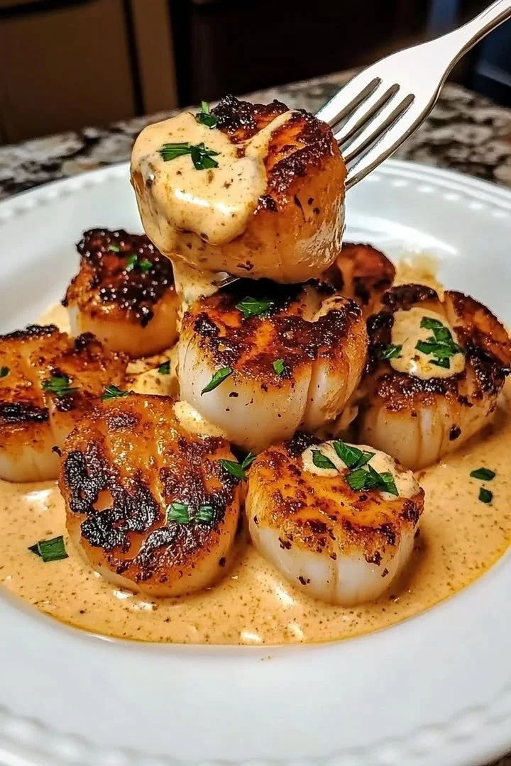 Spicy Cajun seared scallops on a plate garnished with fresh herbs