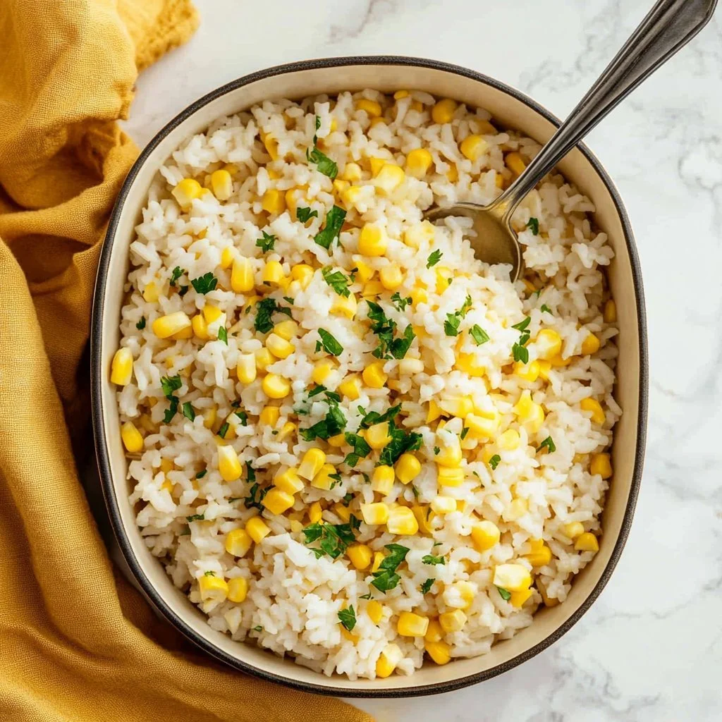 Delicious bowl of spicy hot buttered corn rice garnished with herbs.