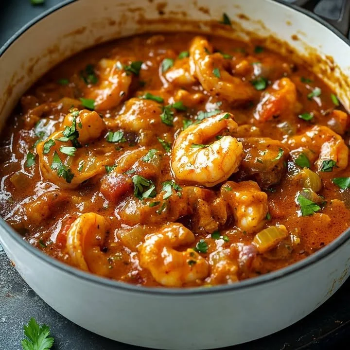 Delicious Spicy Shrimp Creole with creamy tomato sauce served in a bowl.