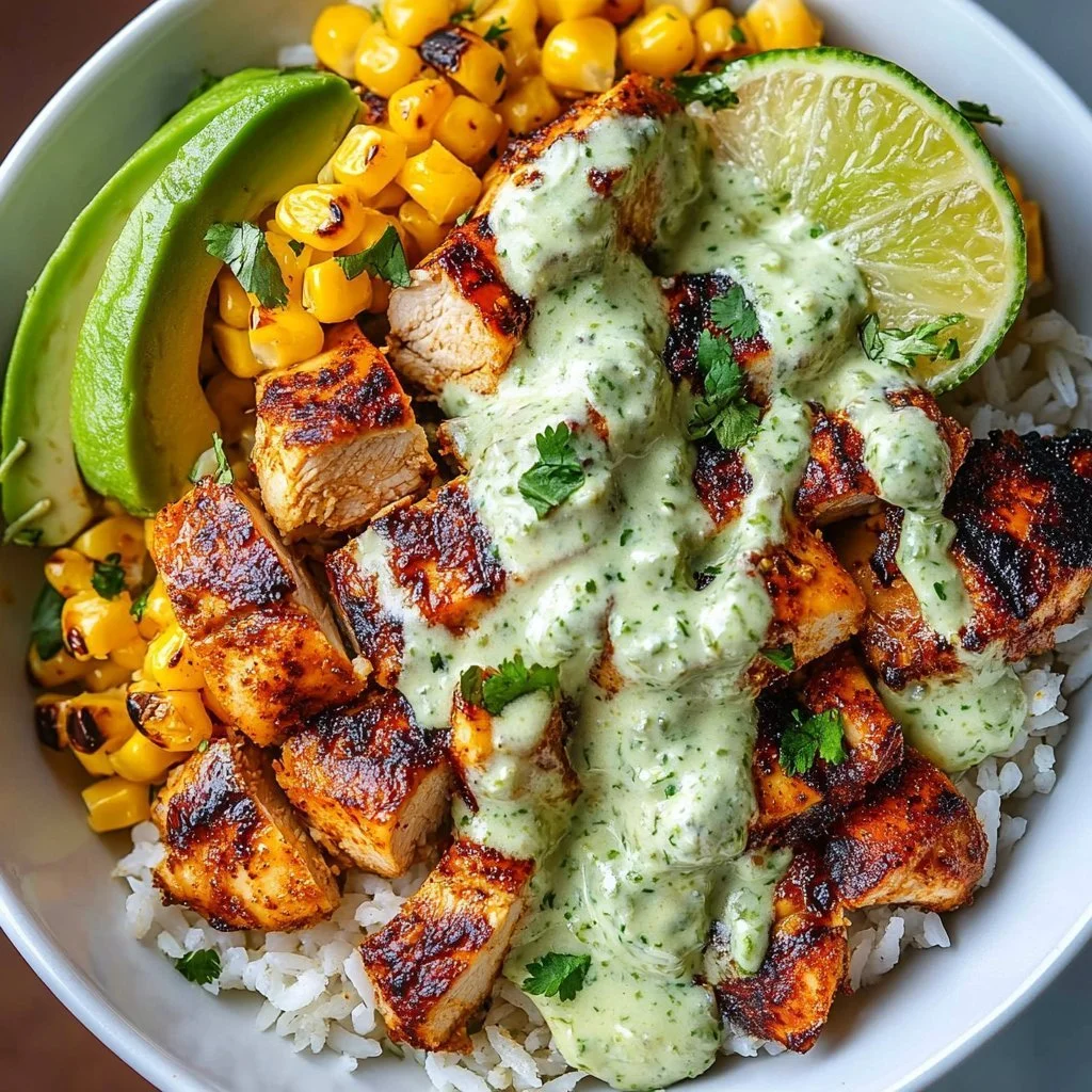 Delicious spicy street corn bowls topped with grilled chicken and fresh toppings