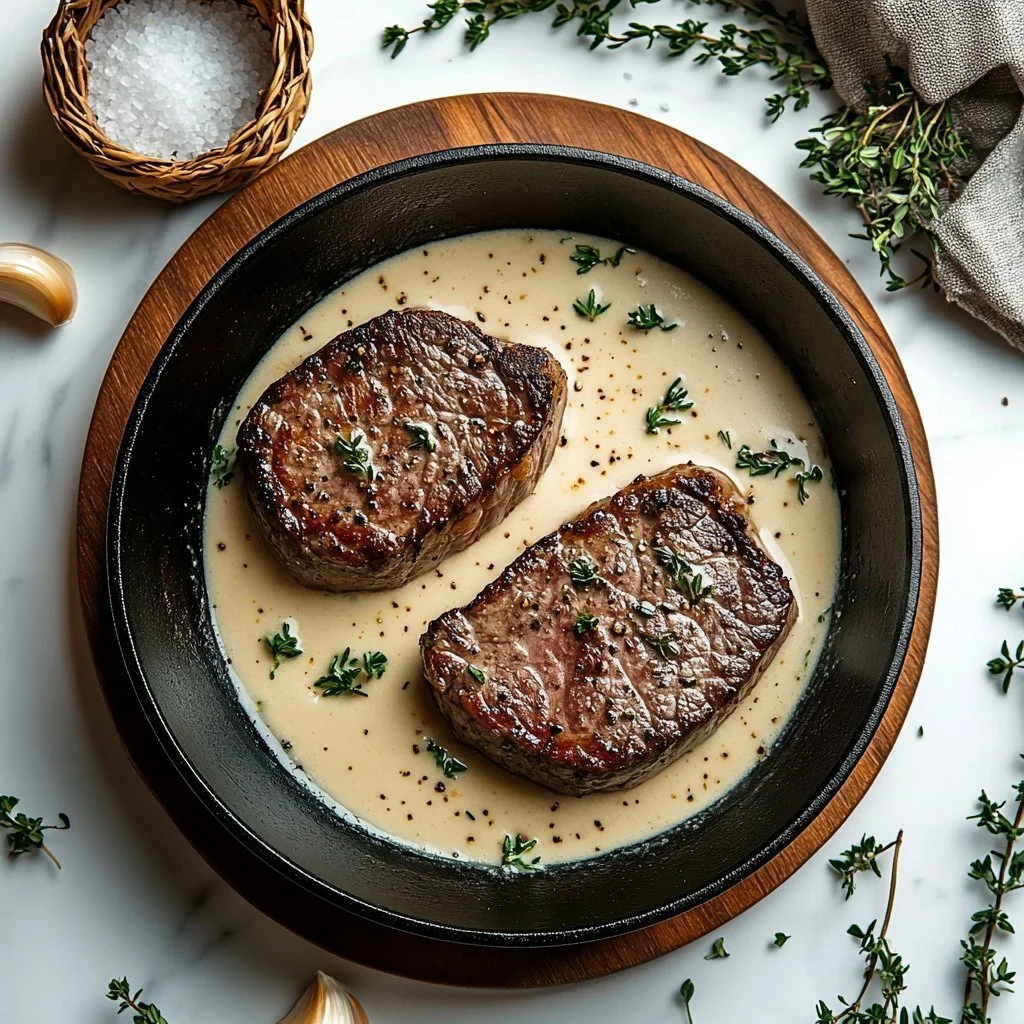 Juicy steak served in creamy garlic sauce on a plate.
