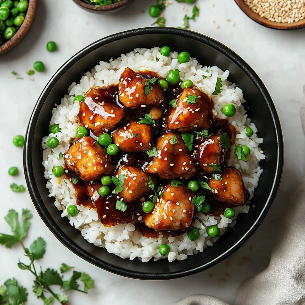 Delicious Sticky Chicken Rice Bowls with colorful veggies and a savory sauce