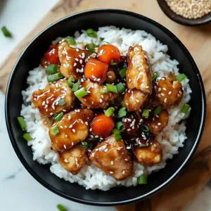 Plate of sticky honey garlic chicken garnished with green onions and sesame seeds