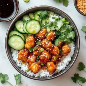 Delicious Sticky Korean Fried Chicken Bowls with vibrant toppings.