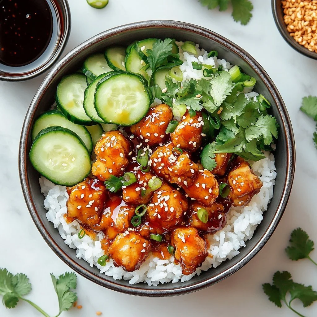 Delicious Sticky Korean Fried Chicken Bowls with vibrant toppings.