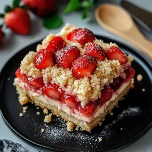 Delicious strawberry cheesecake crumble squares on a plate.