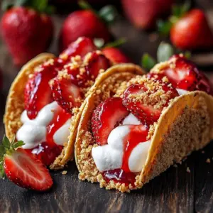 Delicious strawberry cheesecake crunch tacos served on a plate