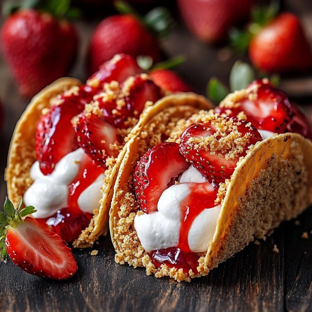 Delicious strawberry cheesecake crunch tacos served on a plate