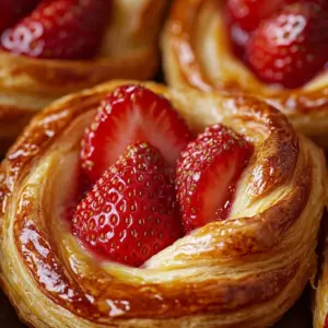 Freshly baked Strawberry Cream Danish with strawberries and cream filling.