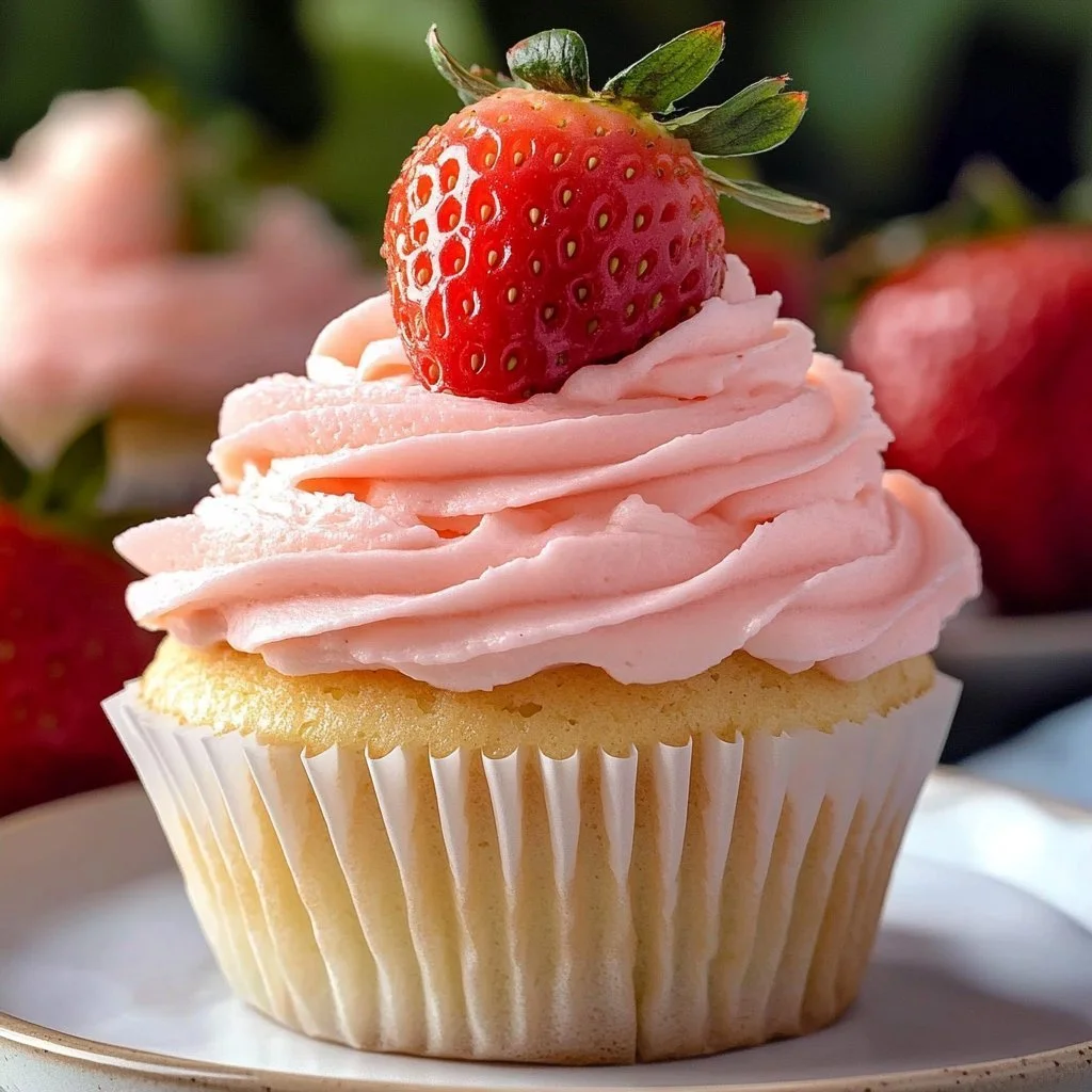 Delicious strawberry whipped cream frosting on a cupcake