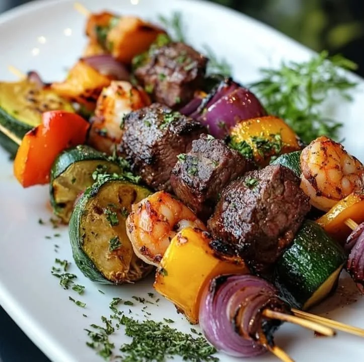 Delicious Sweet and Tangy Land-Sea Skewers ready for grilling