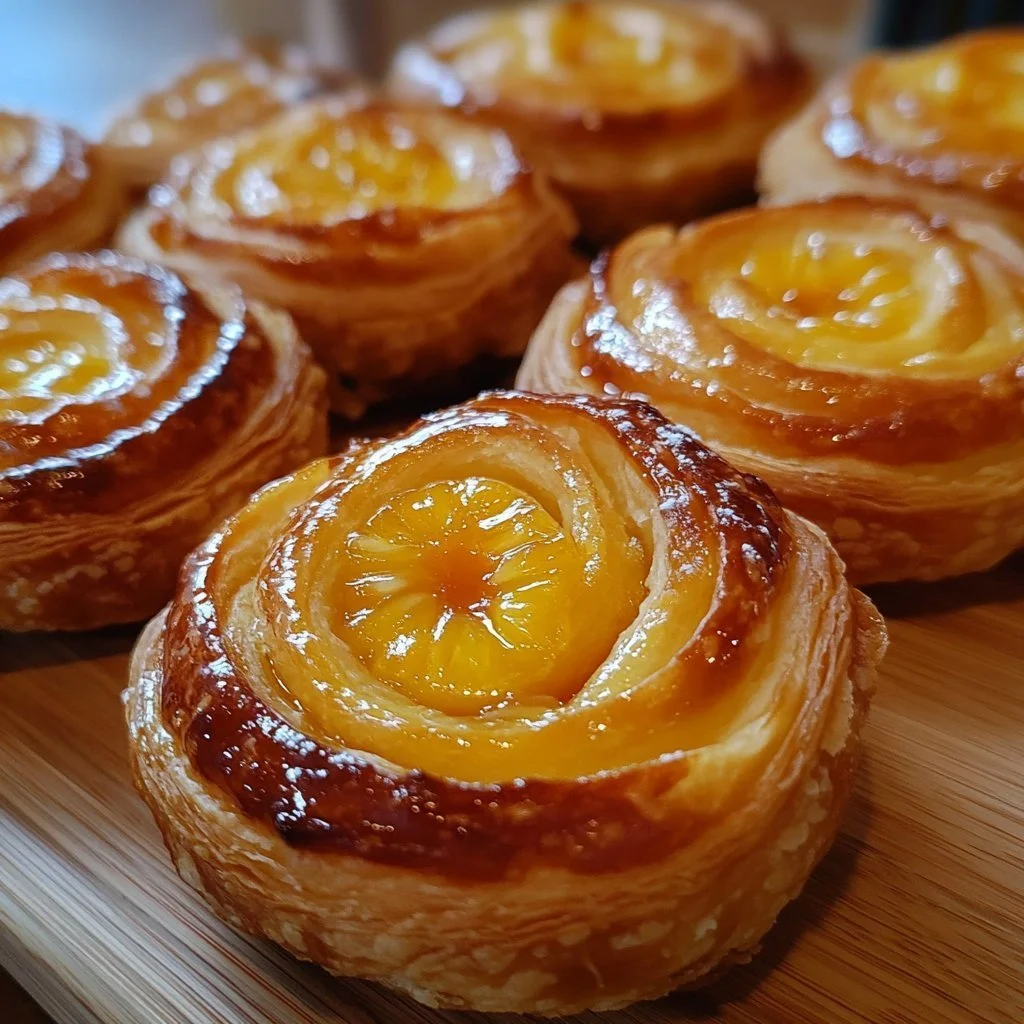 Delicious sweet peach pie cruffins on a rustic wooden table