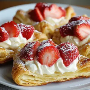 Sweet strawberry cheesecake turnovers topped with fresh strawberries.