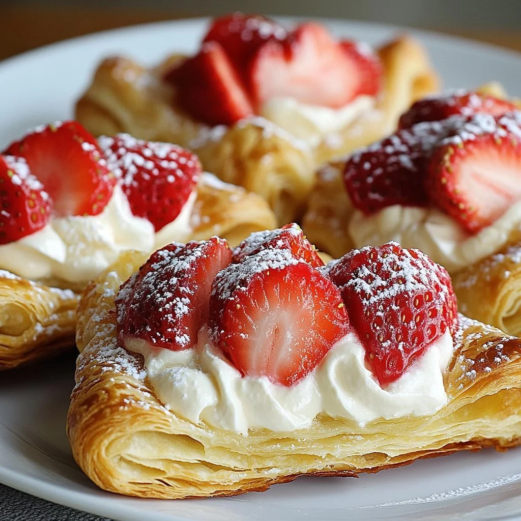 Sweet strawberry cheesecake turnovers topped with fresh strawberries.