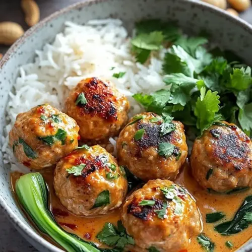 Thai chicken meatballs served in coconut-peanut curry sauce