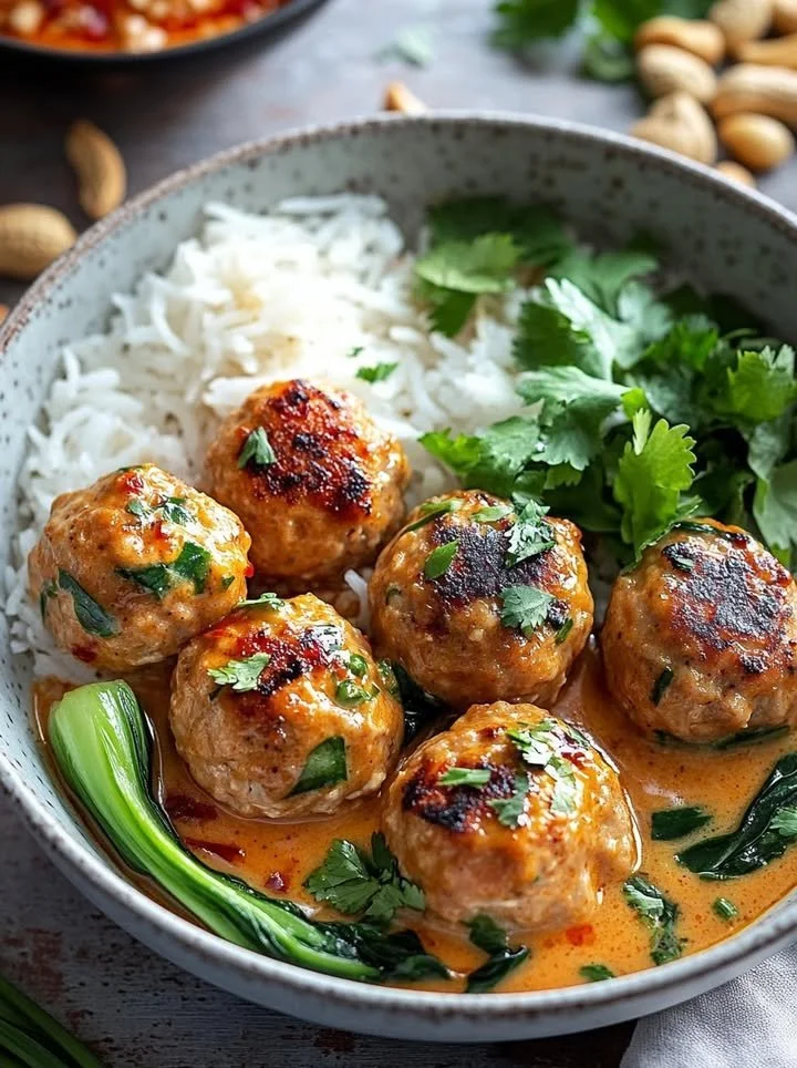 Thai chicken meatballs served in coconut-peanut curry sauce