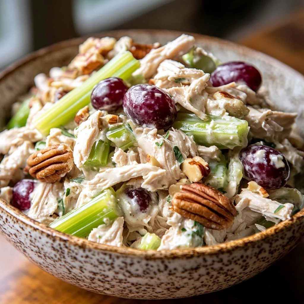 Delicious bowl of the best chicken salad with fresh vegetables and dressing