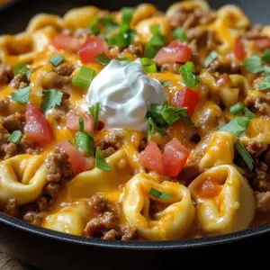 Tortellini Taco Skillet with melted cheese and toppings in a vibrant dish