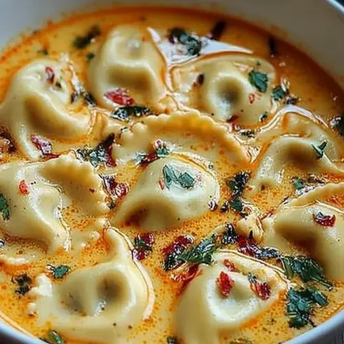 Delicious velvety Thai Red Curry Ravioli served with vibrant herbs and spices.