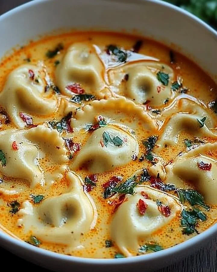 Delicious velvety Thai Red Curry Ravioli served with vibrant herbs and spices.