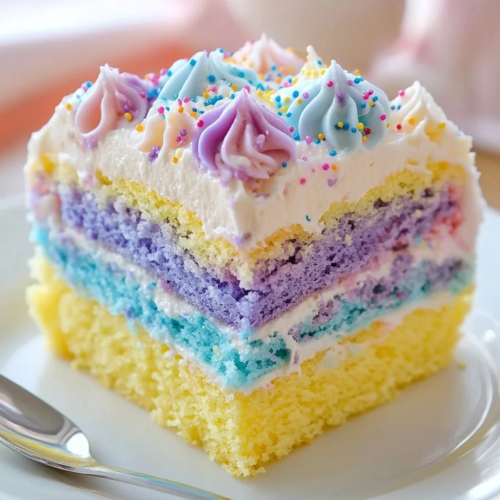 Whimsical Unicorn Rainbow Cake decorated with colorful frosting and sprinkles