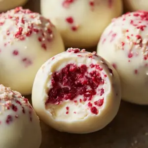 Delicious white chocolate raspberry cheesecake bites displayed on a plate.