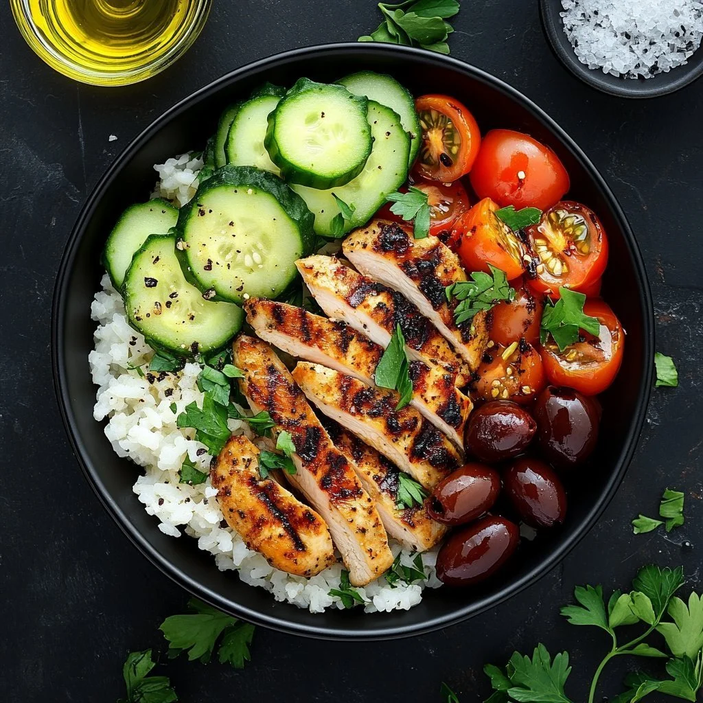 Wholesome Greek Chicken Bowl with fresh vegetables and herbs