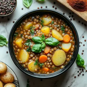 Bowl of Wholesome Lentil and Potato Soup with fresh ingredients