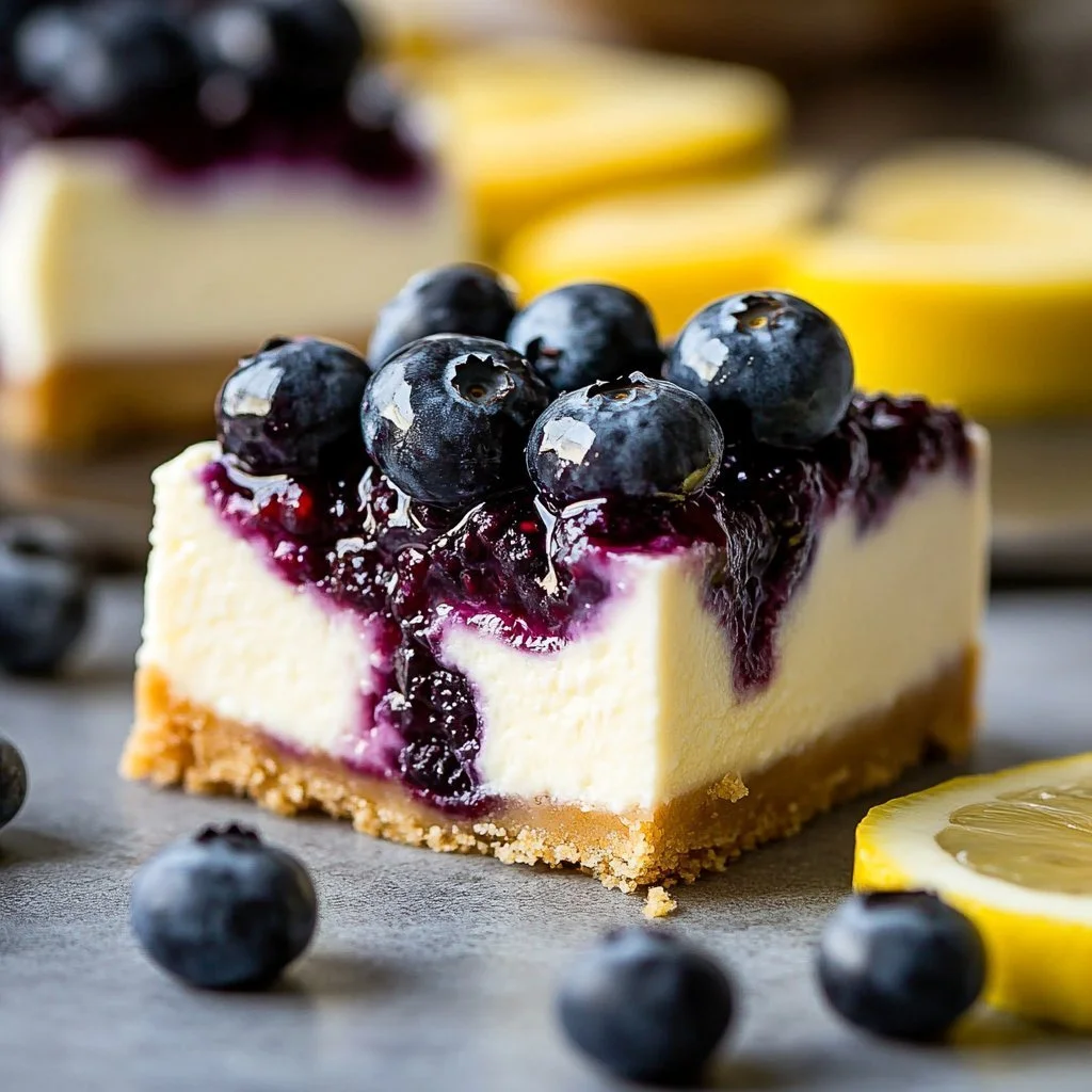 Zesty lemon blueberry cheesecake topped with fresh blueberries and lemon zest.