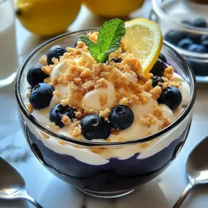 Delicious lemon blueberry trifle dessert served in a glass bowl