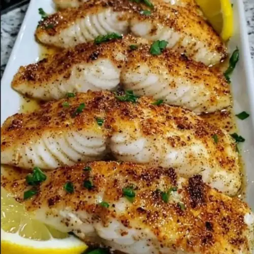 Zesty lemon buttered fish fillet served with fresh herbs and lemon slices.