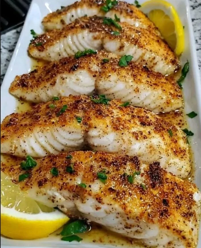 Zesty lemon buttered fish fillet served with fresh herbs and lemon slices.